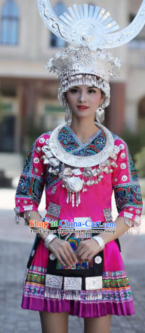Chinese Traditional Miao Nationality Embroidered Rosy Short Dress Ethnic Folk Dance Costume for Women