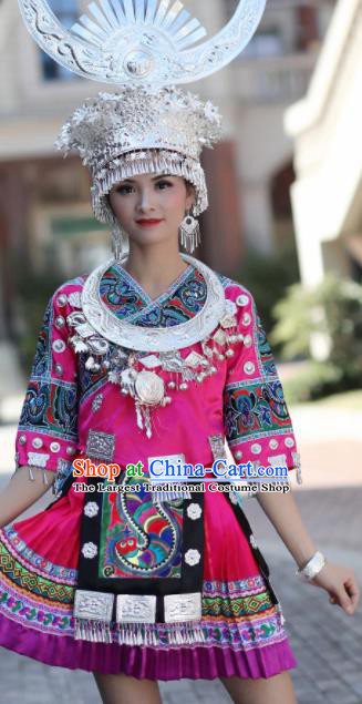 Chinese Traditional Miao Nationality Embroidered Rosy Short Dress Ethnic Folk Dance Costume for Women