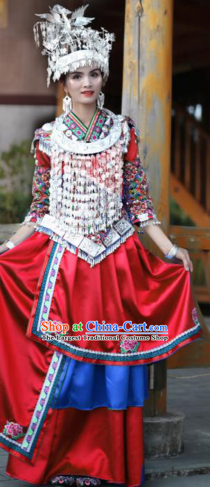 Chinese Traditional Miao Nationality Embroidered Red Dress and Headpiece Ethnic Folk Dance Costume for Women