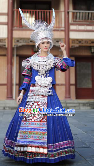 Chinese Traditional Miao Nationality Wedding Embroidered Royalblue Dress and Headpiece Ethnic Folk Dance Costume for Women