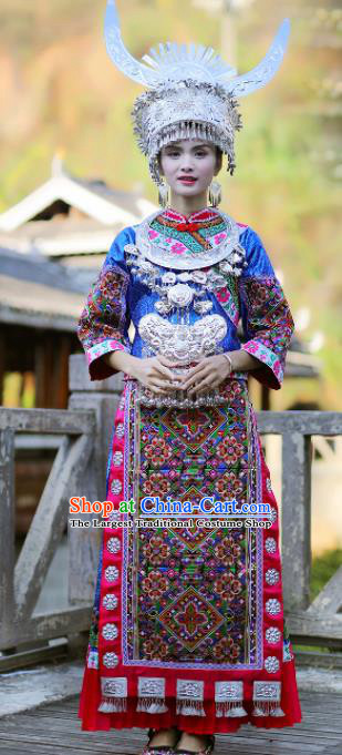 Chinese Traditional Tujia Nationality Wedding Embroidered Royalblue Dress and Headpiece Ethnic Folk Dance Costume for Women