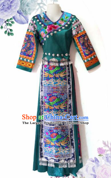 Chinese Traditional Tujia Nationality Wedding Embroidered Green Dress and Headpiece Ethnic Folk Dance Costume for Women