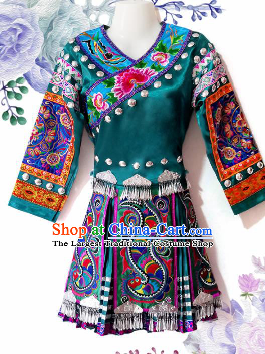 Chinese Traditional Tujia Nationality Wedding Embroidered Green Short Dress Ethnic Folk Dance Costume for Women