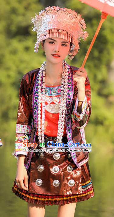 Chinese Traditional Dong Nationality Wedding Embroidered Brown Short Dress Ethnic Folk Dance Costume for Women