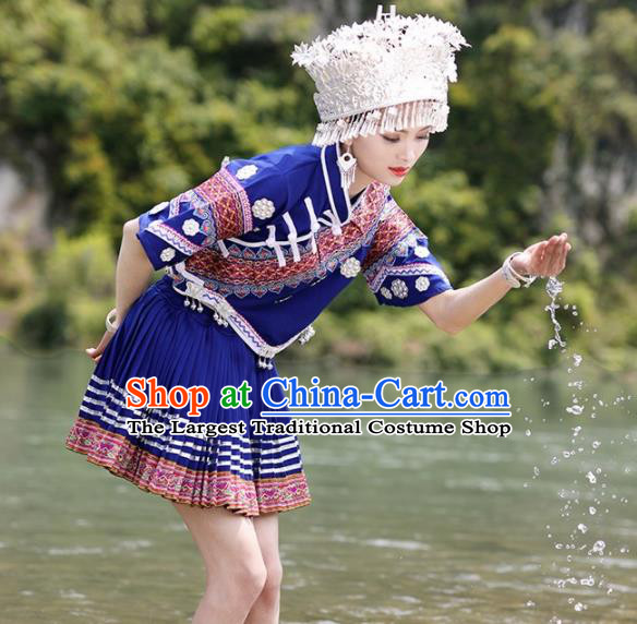 Chinese Traditional Buyi Nationality Wedding Embroidered Royalblue Short Dress Ethnic Folk Dance Costume for Women