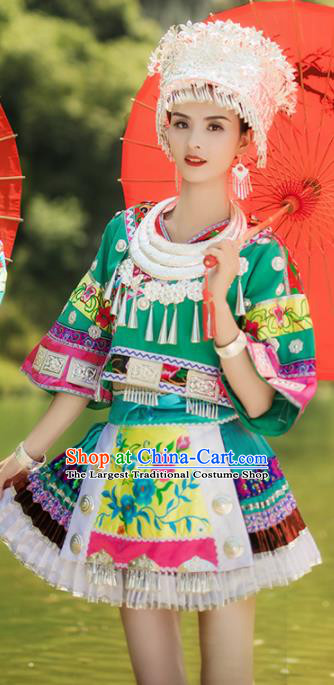 Chinese Traditional Miao Nationality Wedding Embroidered Green Short Dress Ethnic Folk Dance Costume for Women