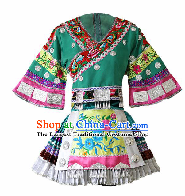Chinese Traditional Miao Nationality Wedding Embroidered Green Short Dress Ethnic Folk Dance Costume for Women