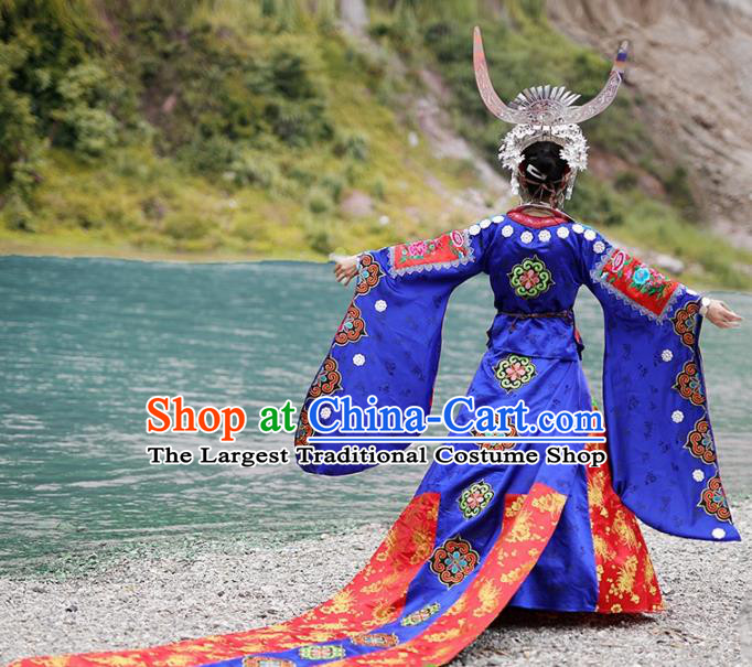 Chinese Traditional Xiangxi Miao Nationality Wedding Embroidered Royalblue Dress Ethnic Folk Dance Costume and Headpiece for Women