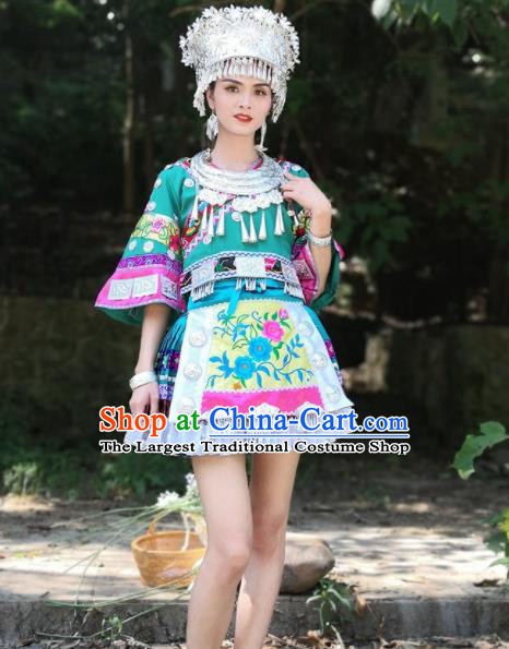 Chinese Traditional Xiangxi Miao Nationality Embroidered Green Short Dress Ethnic Folk Dance Costume and Headpiece for Women