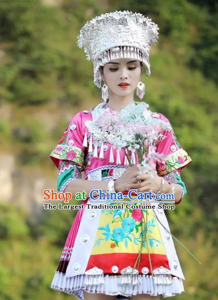 Chinese Traditional Xiangxi Miao Nationality Embroidered Pink Short Dress Ethnic Folk Dance Costume and Headpiece for Women