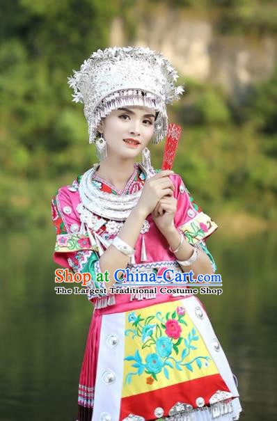 Chinese Traditional Xiangxi Miao Nationality Embroidered Pink Short Dress Ethnic Folk Dance Costume and Headpiece for Women