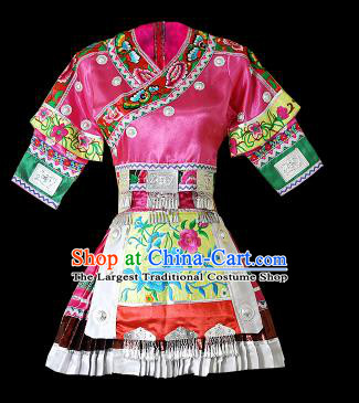 Chinese Traditional Xiangxi Miao Nationality Embroidered Pink Short Dress Ethnic Folk Dance Costume and Headpiece for Women