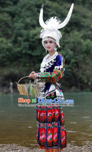 Chinese Traditional Xiangxi Miao Nationality Embroidered Deep Blue Dress Ethnic Folk Dance Costume and Headpiece for Women