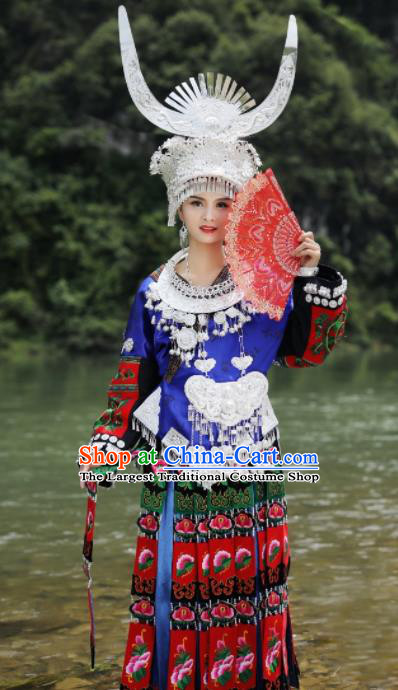 Chinese Traditional Xiangxi Miao Nationality Embroidered Deep Blue Dress Ethnic Folk Dance Costume and Headpiece for Women