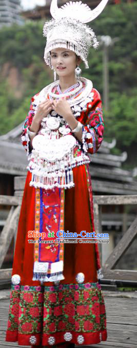 Chinese Traditional Miao Nationality Festival Embroidered Red Dress Ethnic Folk Dance Costume and Headpiece for Women
