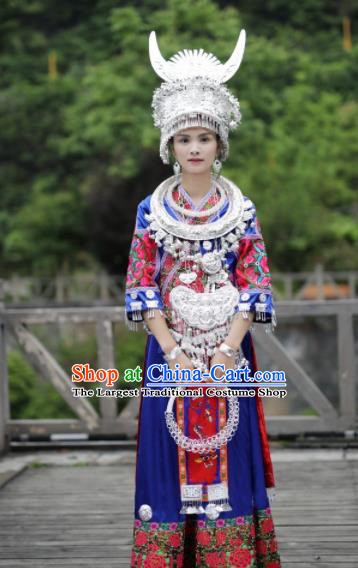 Chinese Traditional Miao Nationality Festival Embroidered Royalblue Dress Ethnic Folk Dance Costume and Headpiece for Women