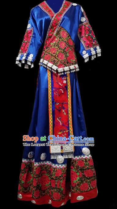 Chinese Traditional Miao Nationality Festival Embroidered Royalblue Dress Ethnic Folk Dance Costume and Headpiece for Women