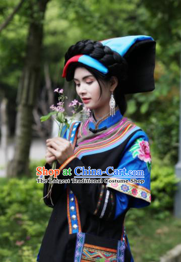 Chinese Traditional Yi Nationality Torch Festival Dress Ethnic Folk Dance Costume and Headpiece for Women