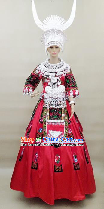 Chinese Traditional Miao Nationality Festival Rosy Dress Ethnic Folk Dance Costume and Headpiece for Women