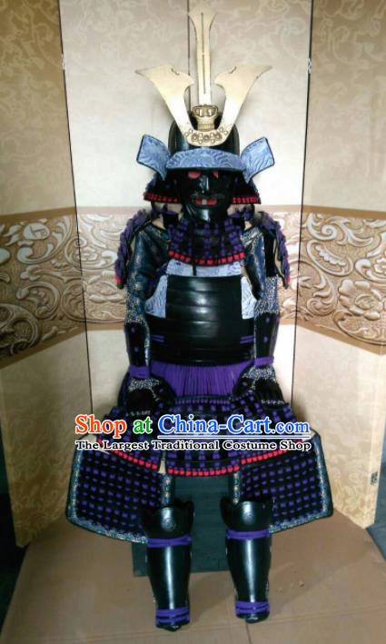 Japanese Handmade Traditional Samurai Purple Tassel Body Armor and Helmet Ancient Warrior Costumes for Men