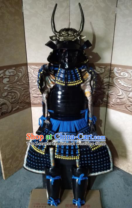 Japanese Handmade Traditional Samurai Blue Tassel Body Armor and Helmet Ancient Warrior Costumes for Men