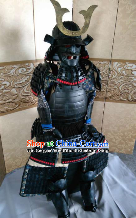 Japanese Handmade Traditional General Black Body Armor and Helmet Ancient Samurai Warrior Replica Costumes for Men