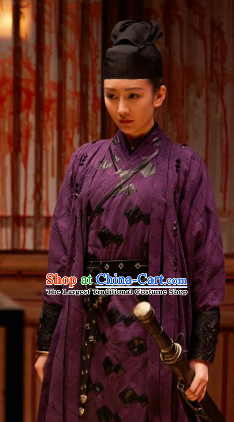 Chinese Ancient Female Swordsman Su Shunqing Purple Dress Drama Novoland Eagle Flag Wang Ou Replica Costumes and Hat for Women