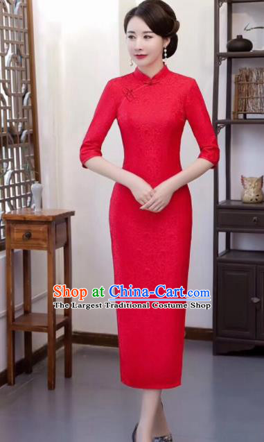 Chinese Traditional Qipao Dress Red Lace Cheongsam National Costumes for Women