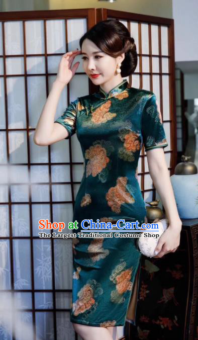 Chinese Traditional Qipao Dress Green Velvet Cheongsam National Costumes for Women