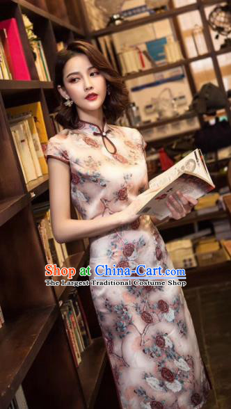 Chinese Traditional Qiapo Dress Bride Printing Roses Pink Cheongsam National Costumes for Women