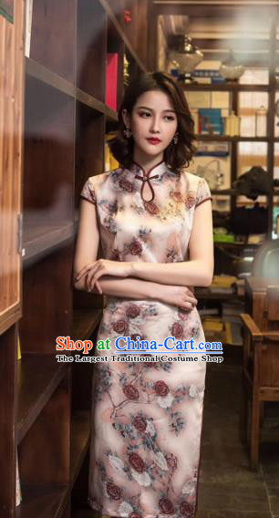 Chinese Traditional Qiapo Dress Bride Printing Roses Pink Cheongsam National Costumes for Women
