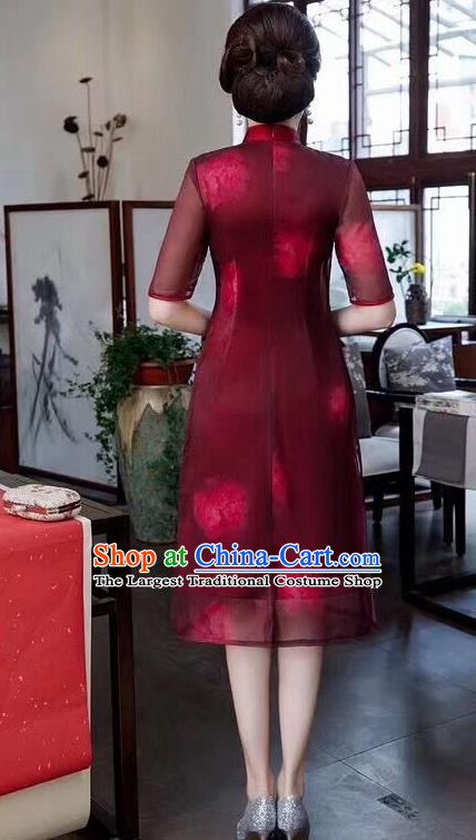 Chinese Traditional Qiapo Dress Bride Mother Wine Red Cheongsam National Costumes for Women