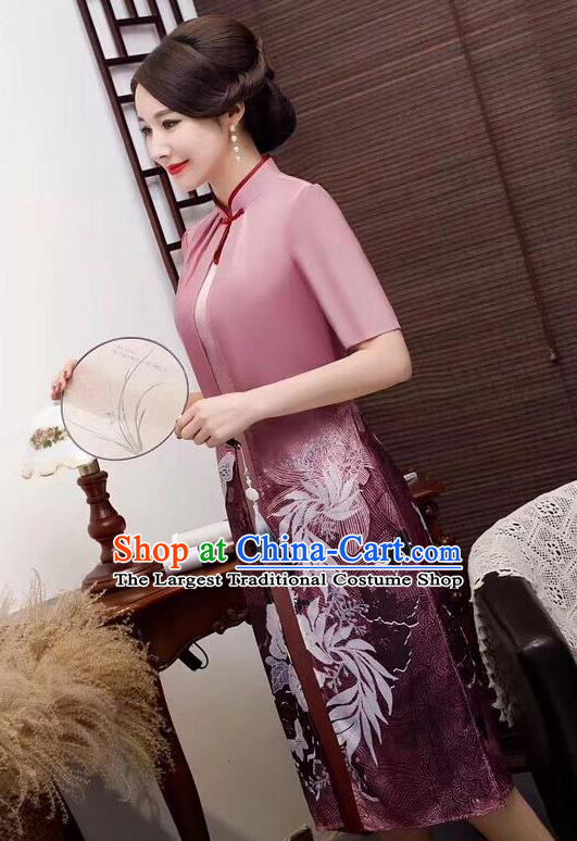 Chinese Traditional Qiapo Dress Bride Mother Deep Pink Cheongsam National Costumes for Women