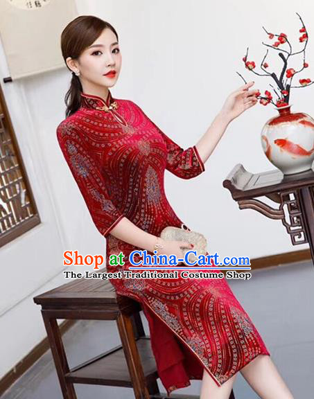 Chinese Traditional Qiapo Dress Red Velvet Cheongsam National Costumes for Women