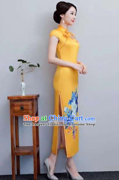 Chinese Traditional Long Qiapo Dress Printing Peony Yellow Cheongsam National Costume for Women