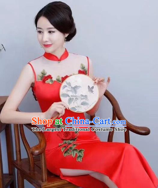 Chinese Traditional Long Qipao Dress Embroidered Red Cheongsam National Costume for Women