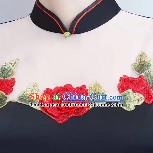 Chinese Traditional Long Qiapo Dress Embroidered Black Cheongsam National Costume for Women