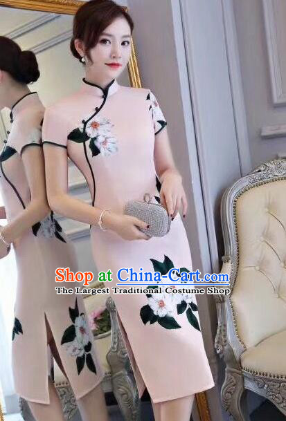 Chinese Traditional Short Qipao Dress Light Pink Cheongsam National Costume for Women