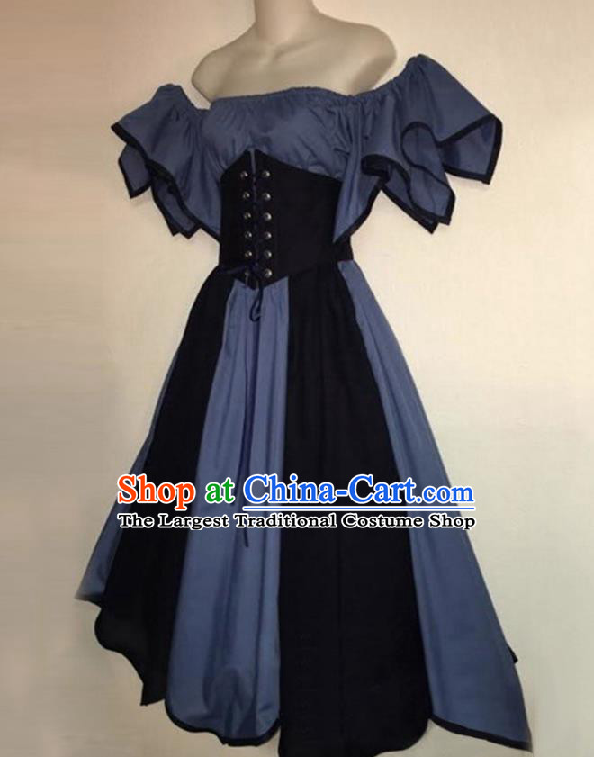 European Medieval Traditional Costume Europe Renaissance Drama Stage Performance Blue Dress for Women