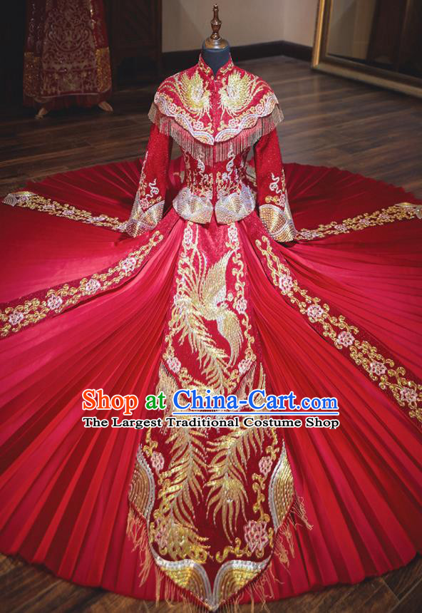 Chinese Traditional Wedding Costumes Ancient Bride Embroidered Red Xiuhe Suit Dress for Women