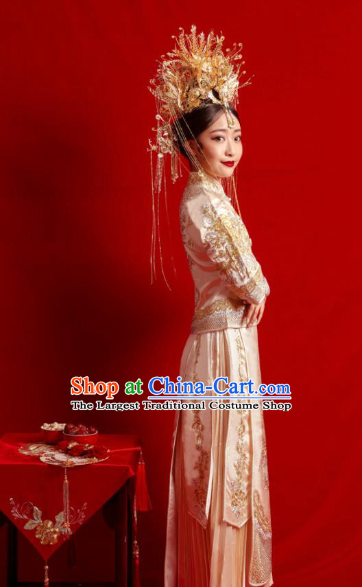 Chinese Traditional Wedding Costumes Toast Golden Xiuhe Suit Ancient Bride Full Dress for Women