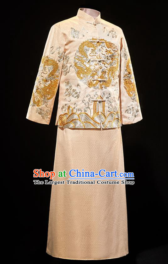 Chinese Traditional Bridegroom Wedding Xiuhe Costumes Tang Suit Embroidered Dragon Golden Mandarin Jacket and Long Gown for Men