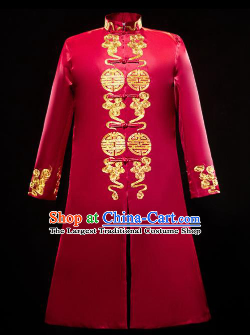 Chinese Traditional Bridegroom Wedding Xiuhe Costumes Tang Suit Embroidered Dragon Red Long Mandarin for Men