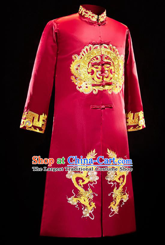 Chinese Traditional Bridegroom Wedding Xiuhe Costumes Tang Suit Embroidered Dragons Red Long Mandarin for Men