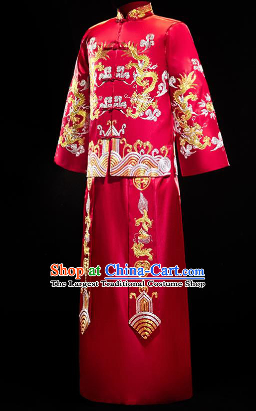 Chinese Traditional Bridegroom Wedding Costumes Tang Suit Red Mandarin Jacket and Long Gown for Men