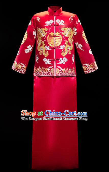 Chinese Traditional Bridegroom Wedding Embroidered Costumes Tang Suit Xiuhe Suits Red Mandarin Jacket and Long Gown for Men