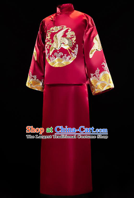 Chinese Traditional Bridegroom Wedding Embroidered Crane Costumes Tang Suit Xiuhe Suits Wine Red Mandarin Jacket and Long Gown for Men