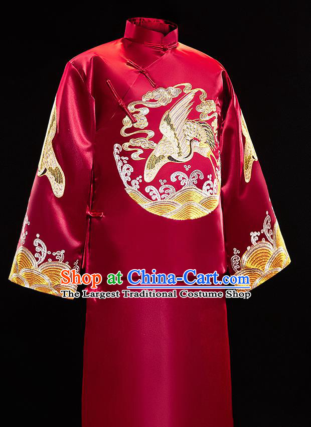 Chinese Traditional Bridegroom Wedding Embroidered Crane Costumes Tang Suit Xiuhe Suits Wine Red Mandarin Jacket and Long Gown for Men