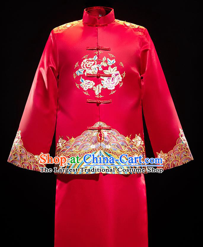 Chinese Traditional Bridegroom Wedding Embroidered Xiuhe Suits Costumes Tang Suit Wine Red Mandarin Jacket and Long Gown for Men