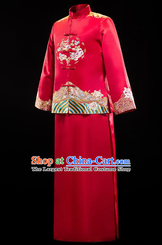 Chinese Traditional Bridegroom Wedding Embroidered Xiuhe Suits Costumes Tang Suit Wine Red Mandarin Jacket and Long Gown for Men